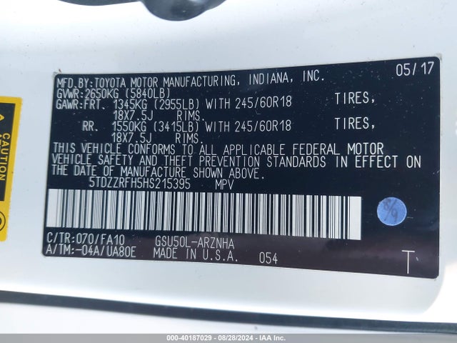 Toyota Highlander Le Plus 2017 5TDZZRFH5HS215395 Image 9