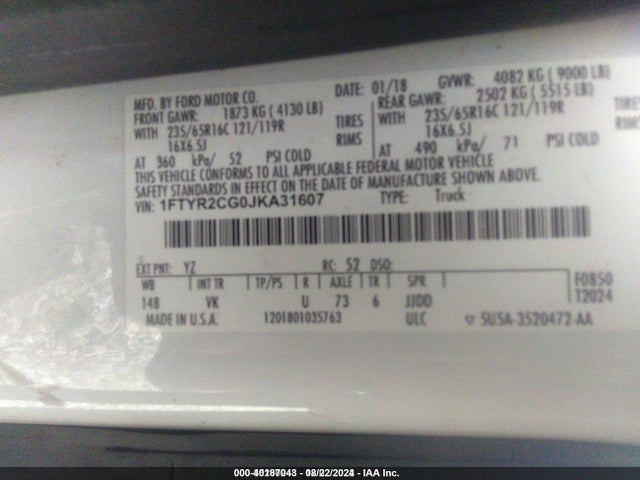 Ford Transit-250 2018 1FTYR2CG0JKA31607 Image 9