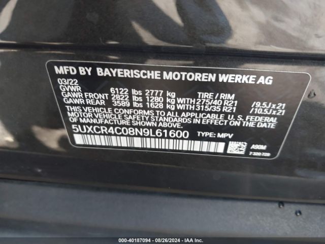 5UXCR4C08N9L61600 BMW X5 Sdrive40i
