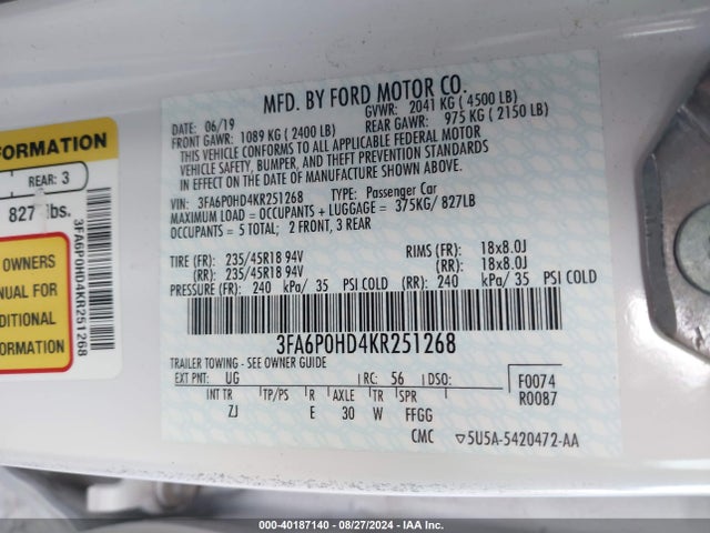 Ford FUSION SE 2019 3FA6P0HD4KR251268 Image 9