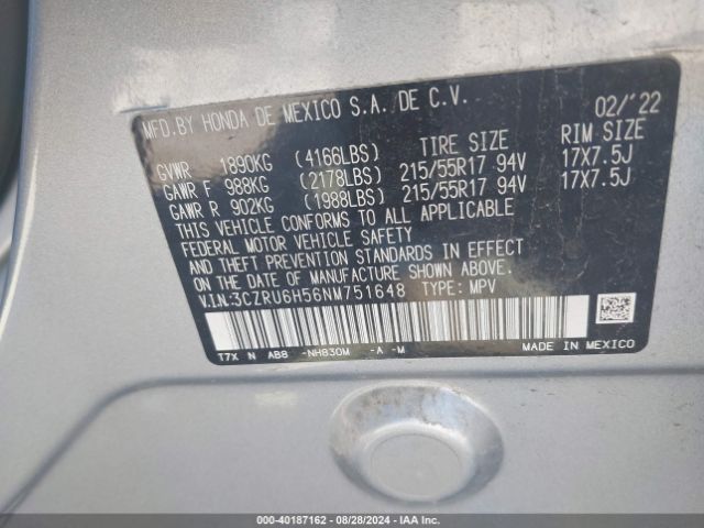 3CZRU6H56NM751648 Honda Hr-v Awd Ex