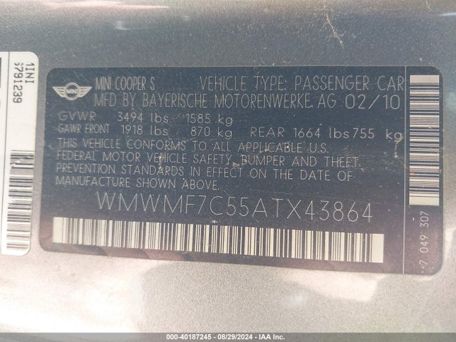 2010 MINI COOPER S WMWMF7C55ATX43864 Photo 8