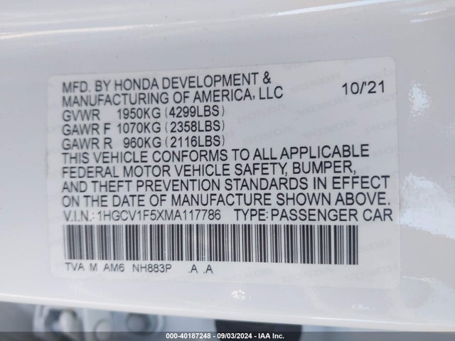 Honda Accord Ex-l 2021 1HGCV1F5XMA117786 Image 9