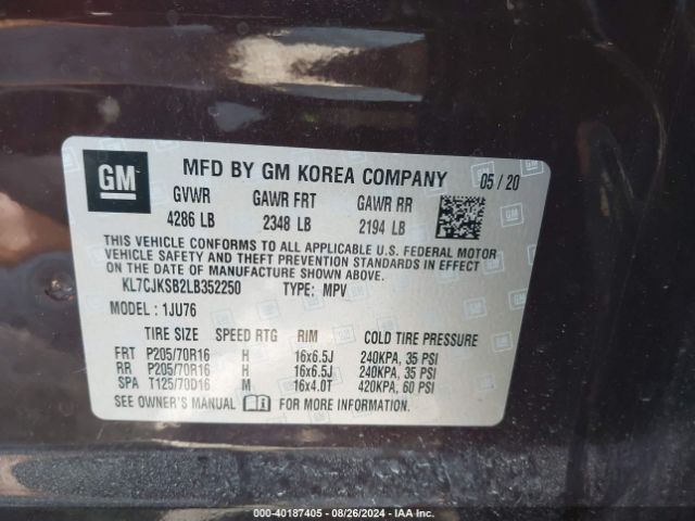 KL7CJKSB2LB352250 Chevrolet Trax Fwd Ls