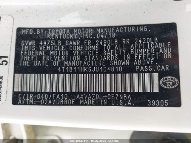 4T1B11HK6JU104810 Toyota CAMRY LE