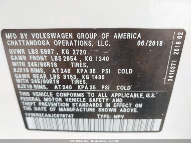 1V2KR2CA8JC578747 Volkswagen Atlas 3.6l V6 Se