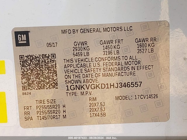Chevrolet Traverse 1lt 2017 1GNKVGKD1HJ346557 Image 9