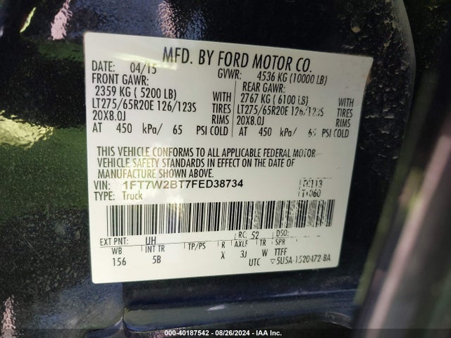 Ford F-250 Lariat 2015 1FT7W2BT7FED38734 Image 9