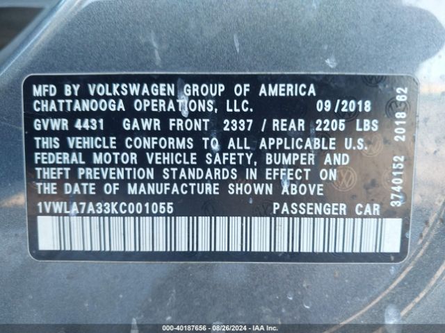 1VWLA7A33KC001055 Volkswagen Passat 2.0t Wolfsburg Edition