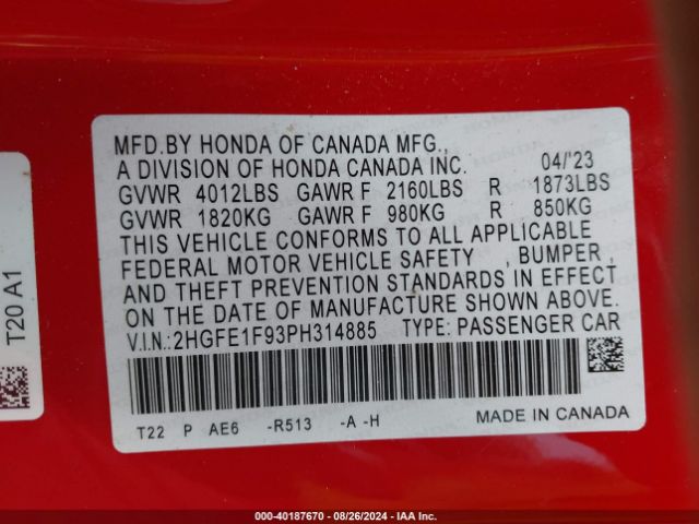 2HGFE1F93PH314885 Honda Civic Touring