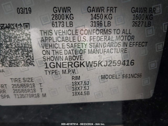 Chevrolet Traverse 1lt 2019 1GNERGKW5KJ259416 Image 9