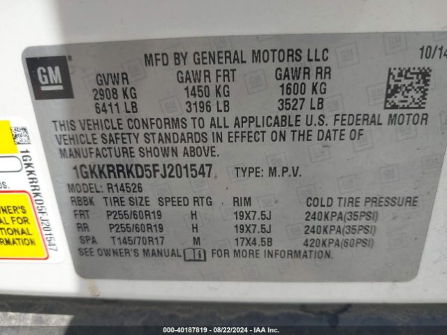 1GKKRRKD5FJ201547 GMC Acadia Slt-1