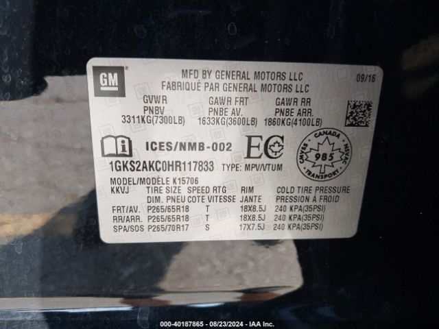 1GKS2AKC0HR117833 GMC YUKON SLE