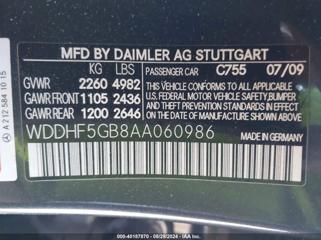 Продаж на аукціоні авто 2010 Mercedes-benz E 350, vin: WDDHF5GB8AA060986, номер лоту: 40187870