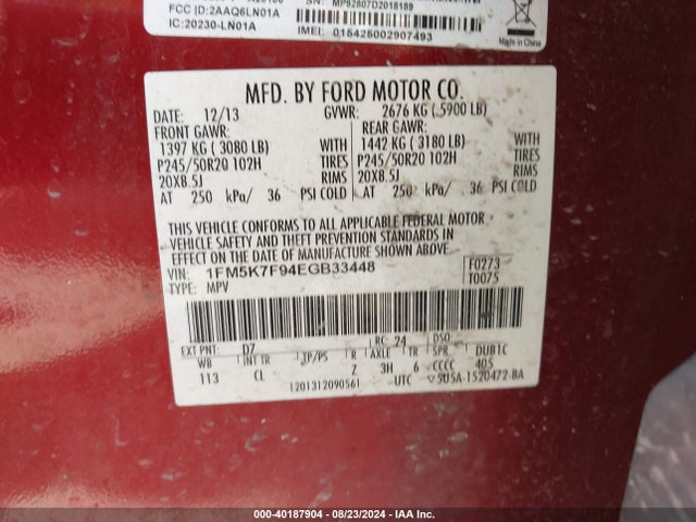 40187904 :رقم المزاد ، 1FM5K7F94EGB33448 vin ، 2014 Ford Explorer Limited مزاد بيع