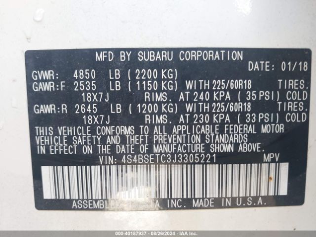 4S4BSETC3J3305221 Subaru Outback 3.6r Touring