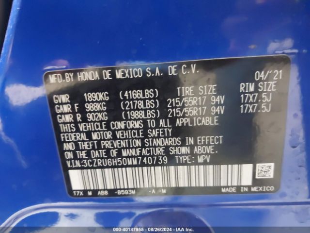 3CZRU6H50MM740739 Honda Hr-v Awd Ex