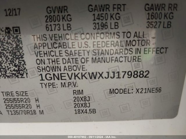 1GNEVKKWXJJ179882 Chevrolet Traverse High Country