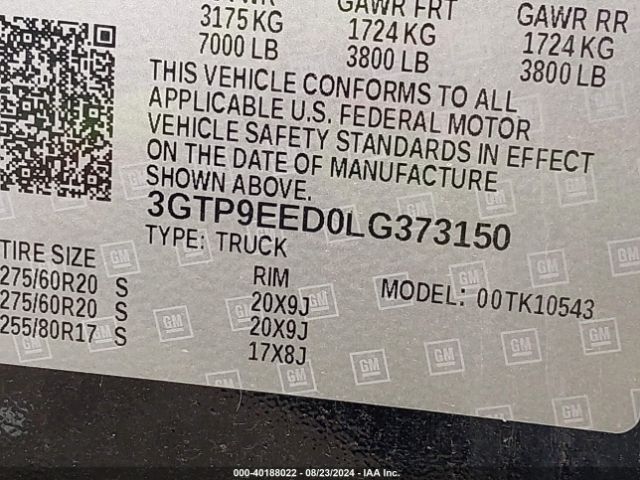 3GTP9EED0LG373150 GMC Sierra 1500 4wd  Short Box At4