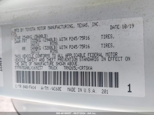 Toyota Tacoma Sr 2020 5TFRX5GN0LX169237 Image 9
