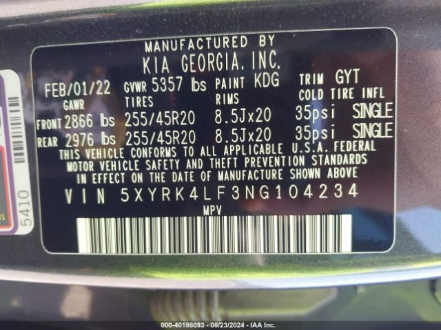 5XYRK4LF3NG104234 KIA Sorento Sx Prestige
