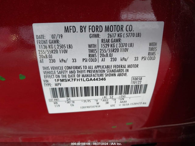 Ford Explorer Limited 2020 1FMSK7FH1LGA44346 Image 9