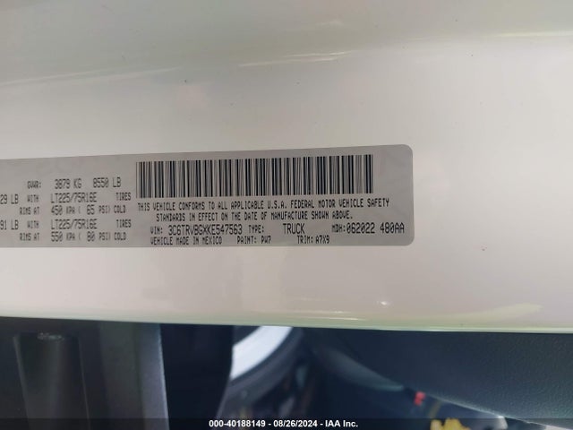 3C6TRVBGXKE547563 RAM Promaster 1500 High Roof 136 Wb