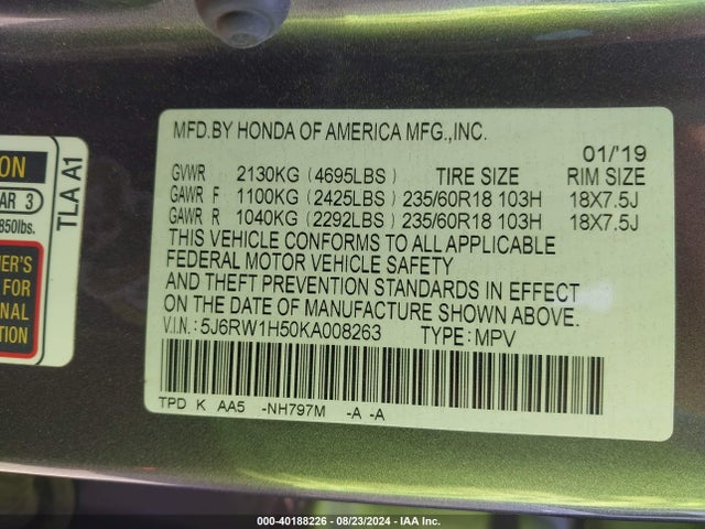 Honda CR-V EX 2019 5J6RW1H50KA008263 Image 9