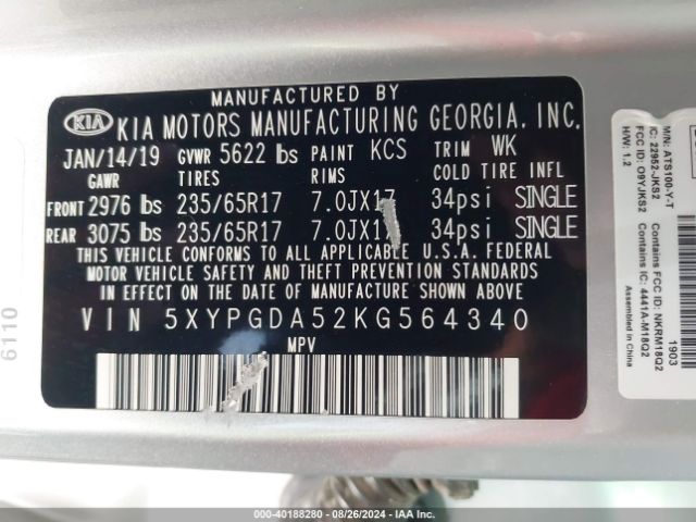 5XYPGDA52KG564340 KIA Sorento 3.3l Lx