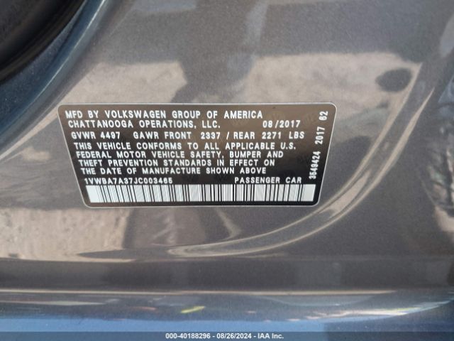 1VWBA7A37JC003465 Volkswagen Passat 2.0t Se