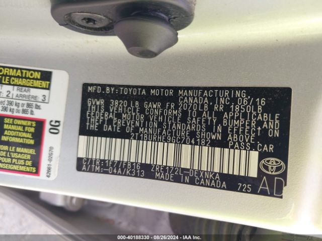 2T1BURHE9GC704182 Toyota COROLLA LE