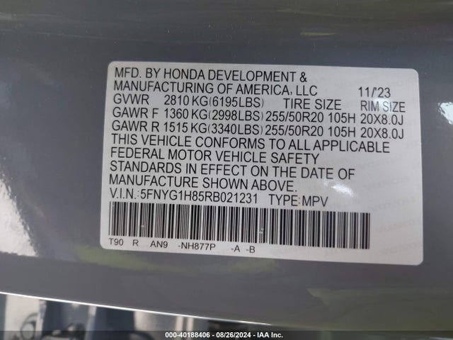 Honda Pilot Awd Elite 2024 5FNYG1H85RB021231 Image 9