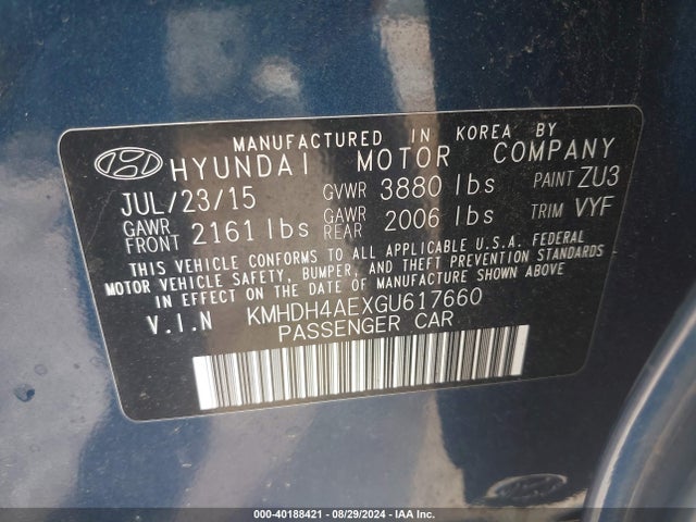 Hyundai ELANTRA SE 2016 KMHDH4AEXGU617660 Image 9