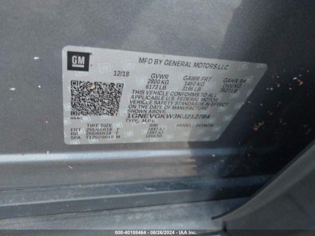 1GNEVGKW3KJ212784 Chevrolet Traverse 1lt