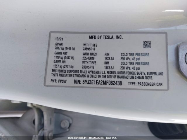 5YJ3E1EA2MF082438 Tesla Model 3 Standard Range Plus Rear-wheel Drive
