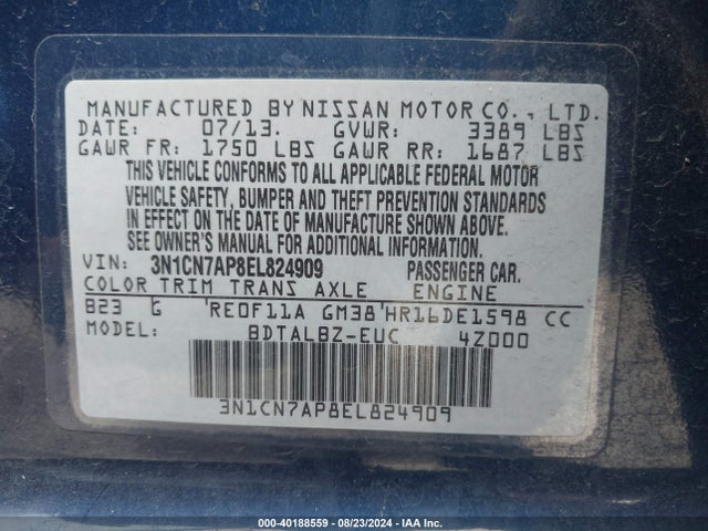 Nissan Versa 1.6 Sv 2014 3N1CN7AP8EL824909 Image 9