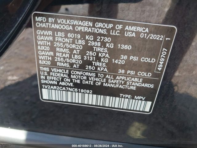 1V2AR2CA7NC519092 Volkswagen Atlas 3.6l V6 Sel R-line