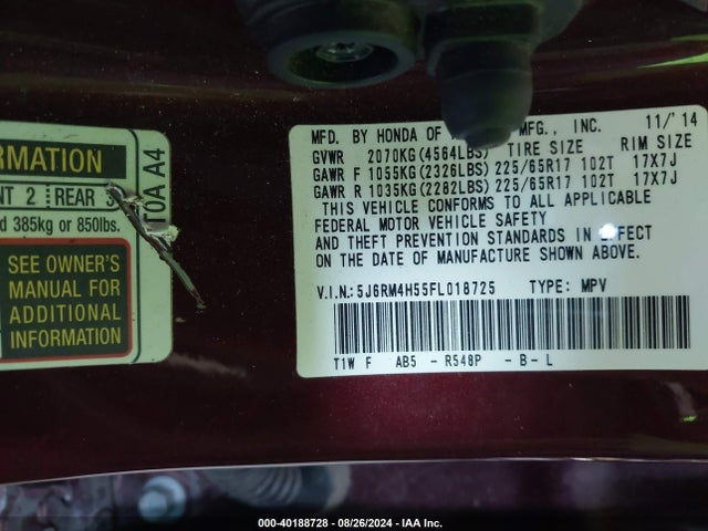 Honda CR-V EX 2015 5J6RM4H55FL018725 Image 9