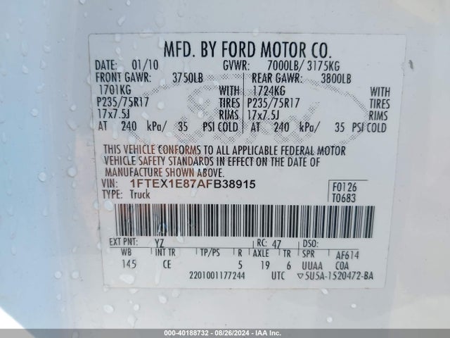 Aukcja sprzedaży 2010 Ford F-150 Xl, vin: 1FTEX1E87AFB38915, numer aukcji: 40188732