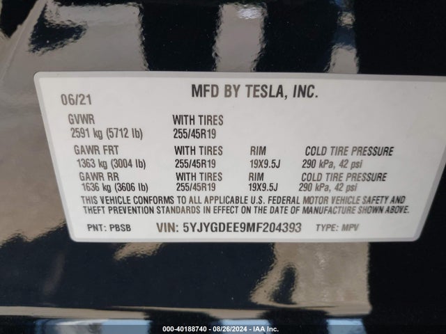 2021 TESLA MODEL Y 5YJYGDEE9MF204393 Photo 8