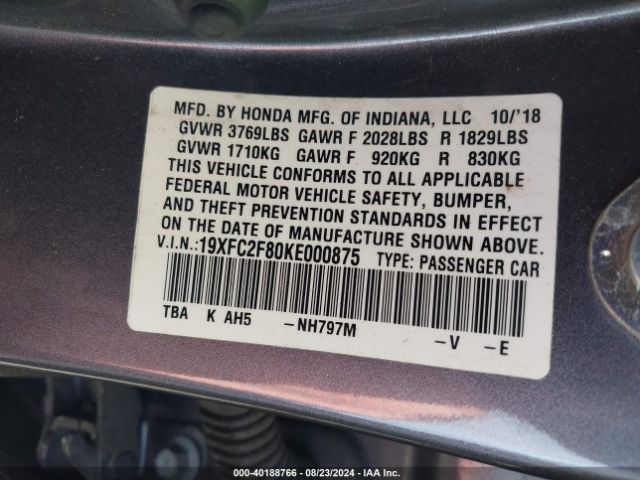 19XFC2F80KE000875 Honda Civic Sport