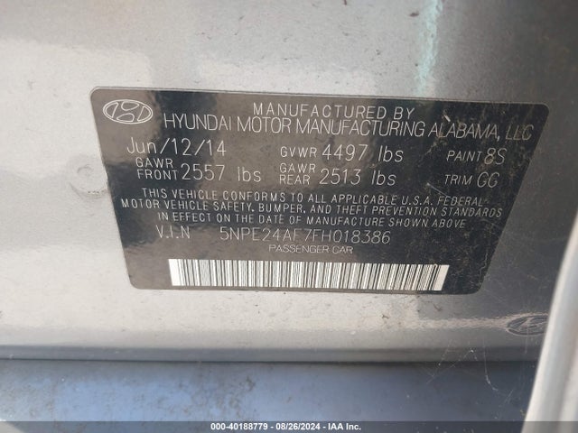 Hyundai SONATA SE 2015 5NPE24AF7FH018386 Image 9