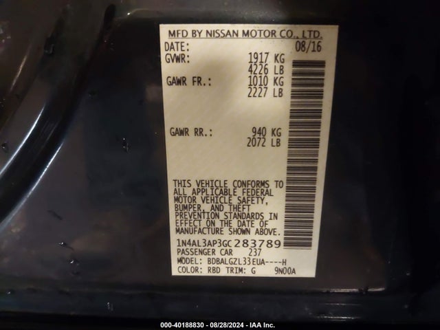 Aukcja sprzedaży 2016 Nissan Altima 2.5 S, vin: 1N4AL3AP3GC283789, numer aukcji: 40188830