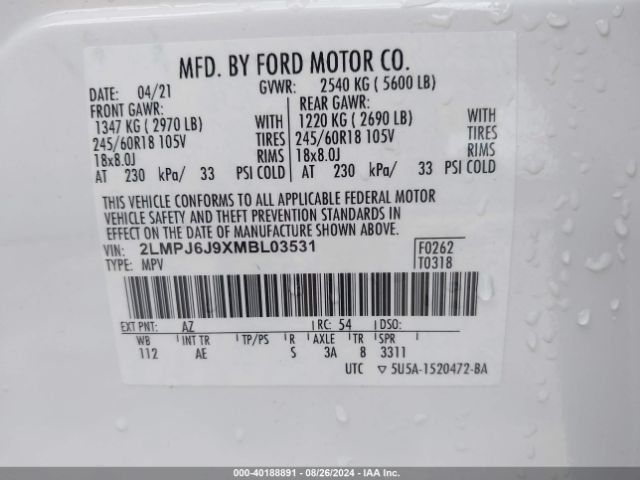 2LMPJ6J9XMBL03531 Lincoln Nautilus Standard