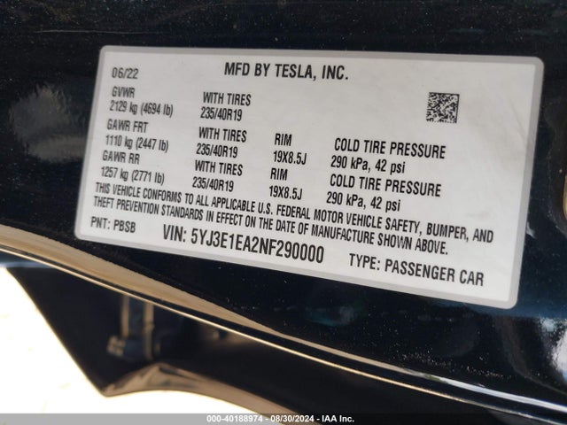 Tesla Model 3 Rear-wheel Drive 2022 5YJ3E1EA2NF290000 Image 9