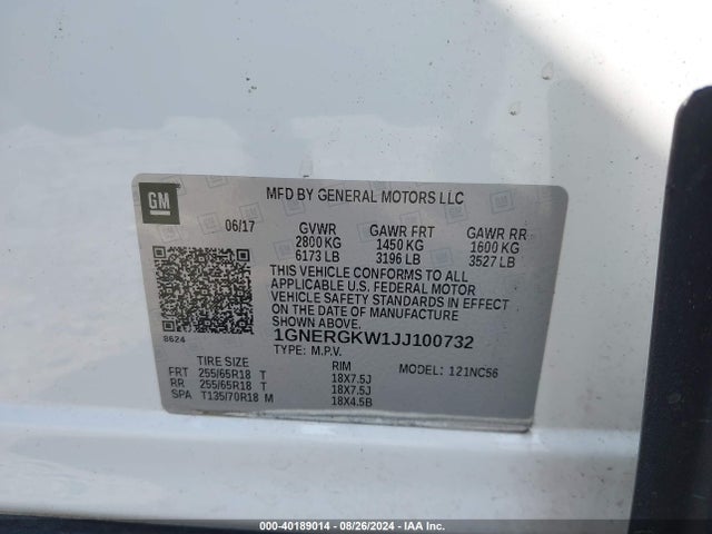 Chevrolet Traverse 1lt 2018 1GNERGKW1JJ100732 Image 9