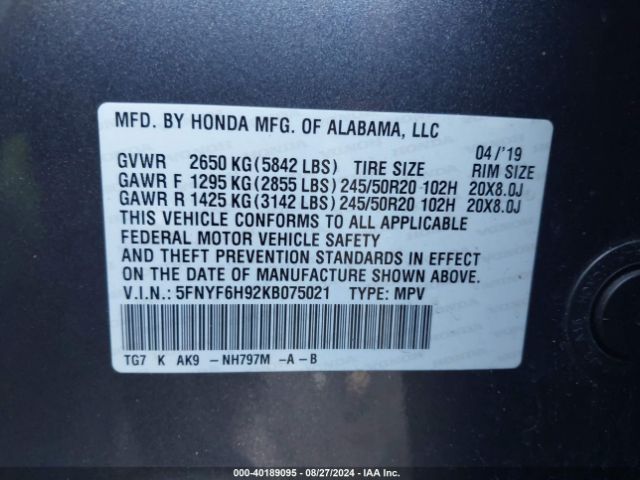 5FNYF6H92KB075021 Honda Pilot Touring