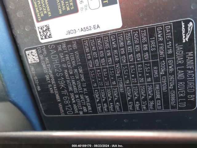 2019 JAGUAR I-PACE SADHC2S19K1F68120 Photo 8