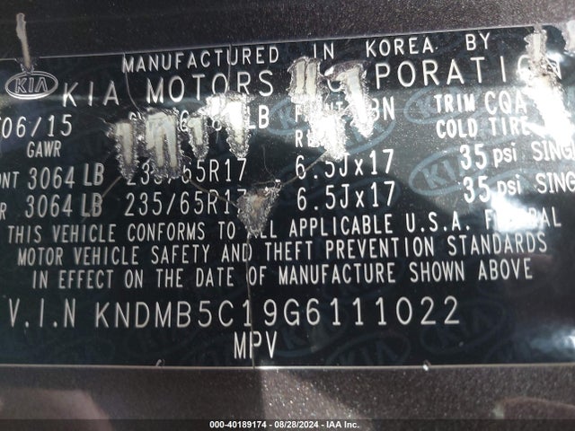 KIA SEDONA LX 2016 KNDMB5C19G6111022 Image 9