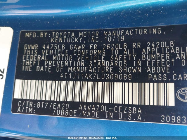 Toyota CAMRY SE 2020 4T1J11AK7LU309089 Image 9